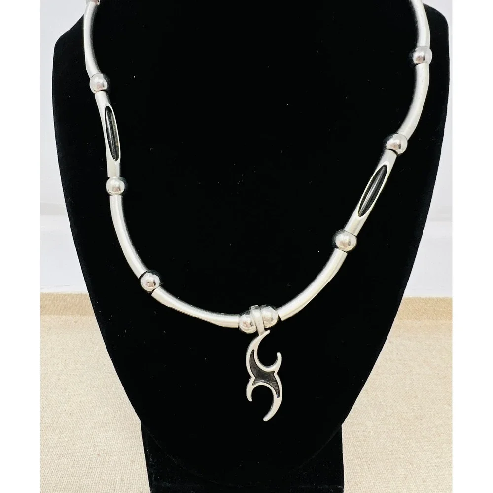 Y2K Mens Tribal Flame Pendant Necklace Silver Tone Bar Link Choker Biker Grunge